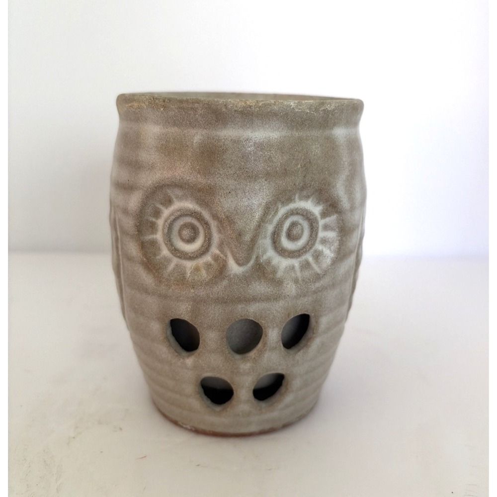 Vintage Owl Figurine Cup Mug Brown Candle Holder Decorative Stoneware
